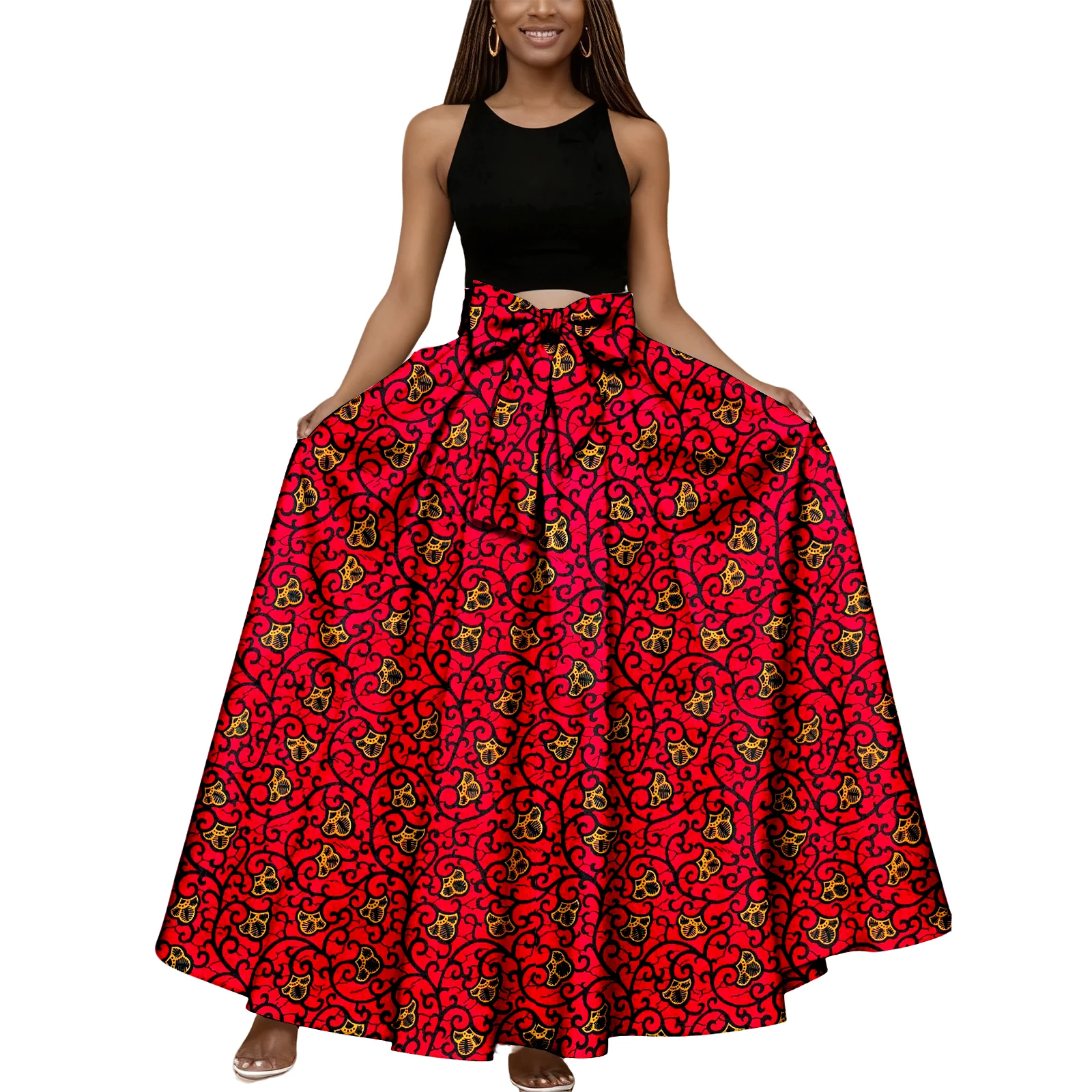 

Юбка макси с африканским принтом для женщин, длинная юбка трапециевидной формы с высокой талией и большим бантом, одежда Анкары