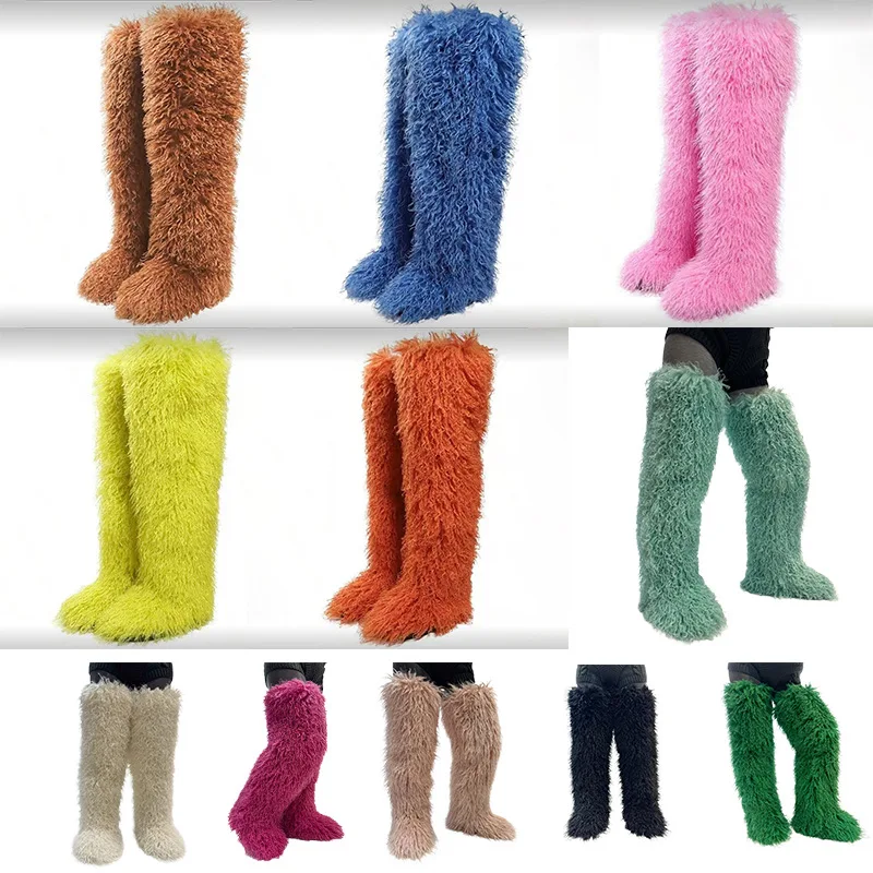 Knee-high  Fur Lined Winter Boots 72cm Thigh-high Snow Boots Plush Fluffy Faux Fur Booties Comfortable All-weather Shoes
