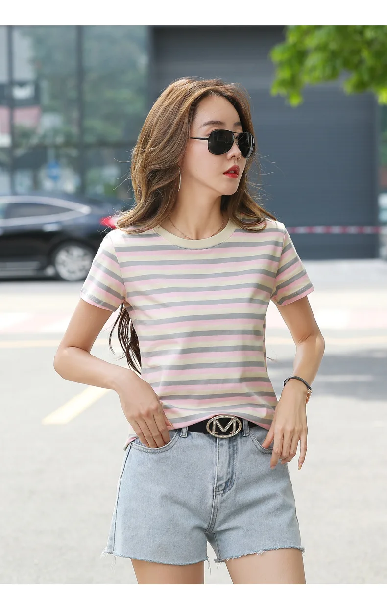 Damen Sommer T-Shirt mit Streifenmuster, kurze Ärmel, neu, schlankmachend, lockere Passform, halblange Ärmel, lässiges Basic-Oberteil – Detail 22