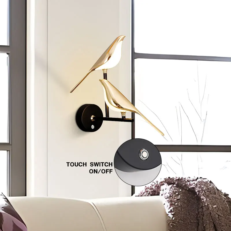 360° Rotatable Magpie Bird Wall Light Touch Switch Wall Sconce For Kitchen Corridor Bedside Nordic Golden Silver LED Wall Lamps