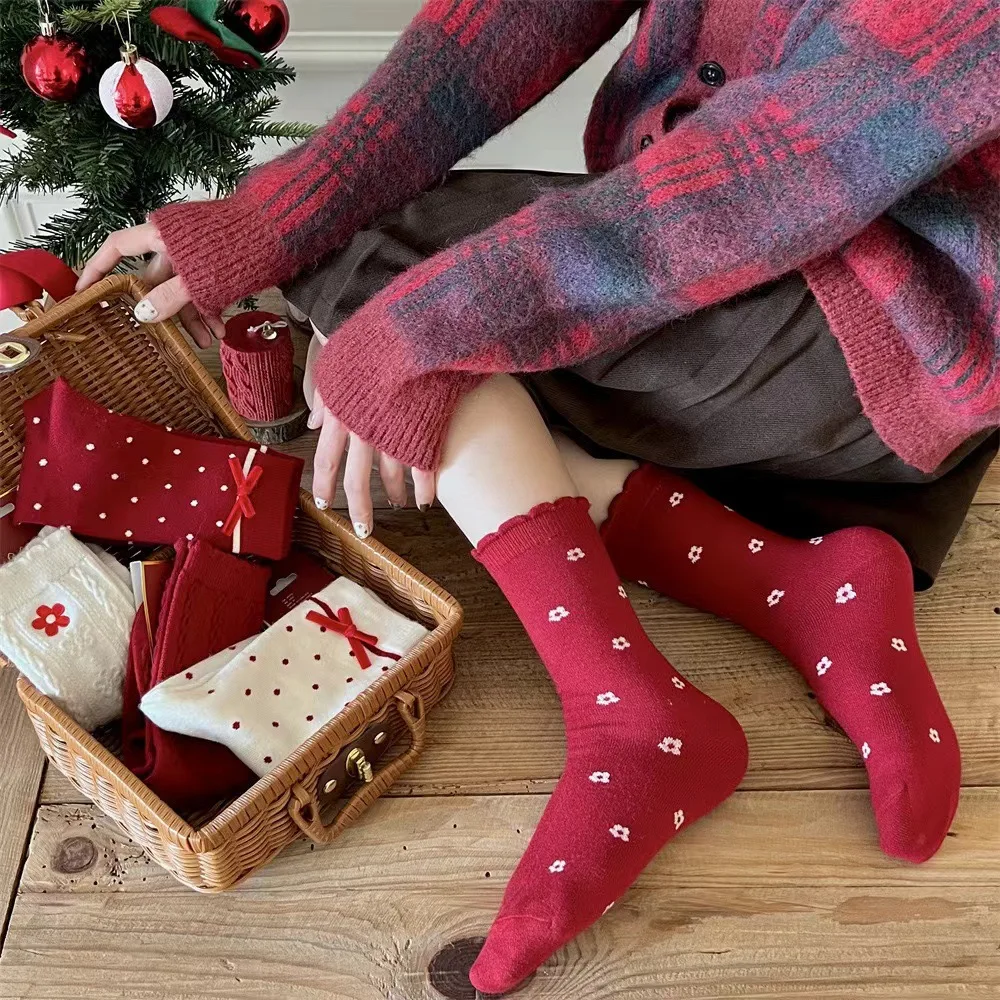 Women's Cute Print Socks Bowknot Flower Red and White Color Schemes Good Fortune Cotton Socks Winter and Spring Collection