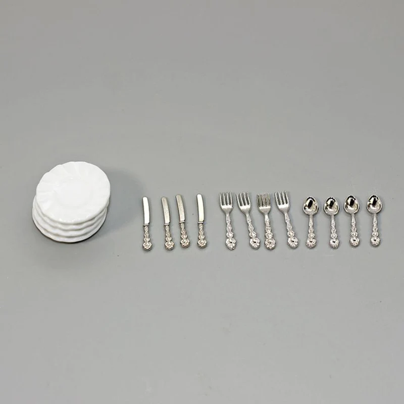 16 Uds. Cuchillo en miniatura, tenedor, cuchara, plato, vajilla, decoración de cocina para casa de muñecas
