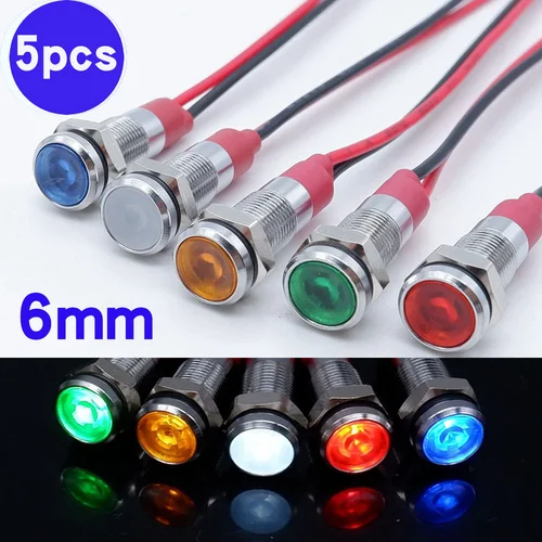 5 uds 6mm luz indicadora de Metal lámpara de señal coche barco LED tablero de advertencia 5v 12V 24v 220V con cable rojo naranja azul verde blanco