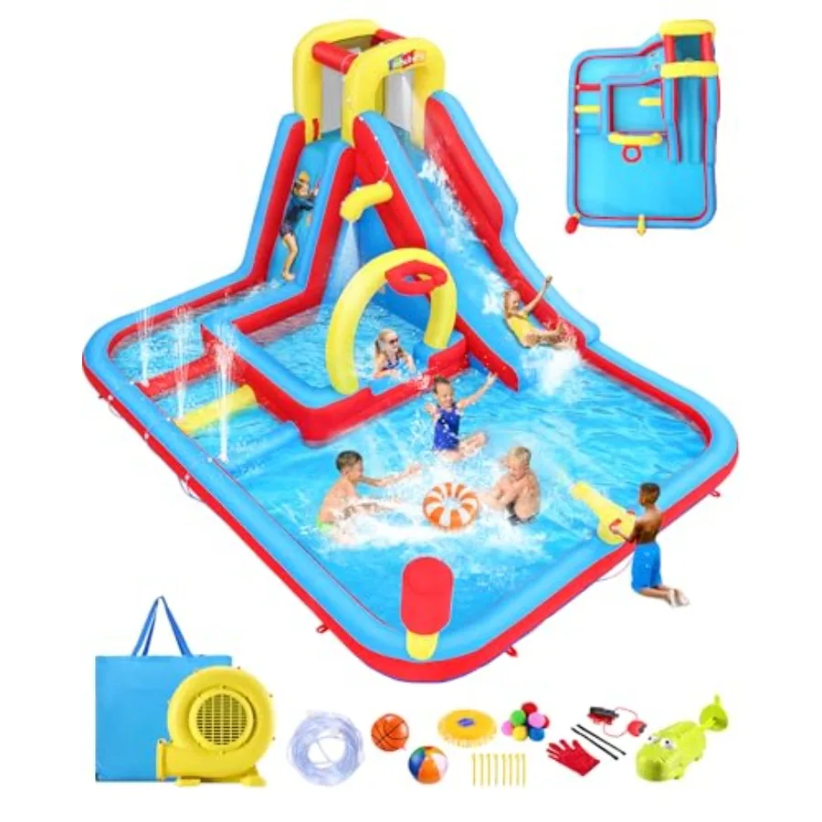

Backyard inflatable water slide for kids PVC material blue and yellow 13.2x10FT with splash pool deep pool sprinkler and obstac