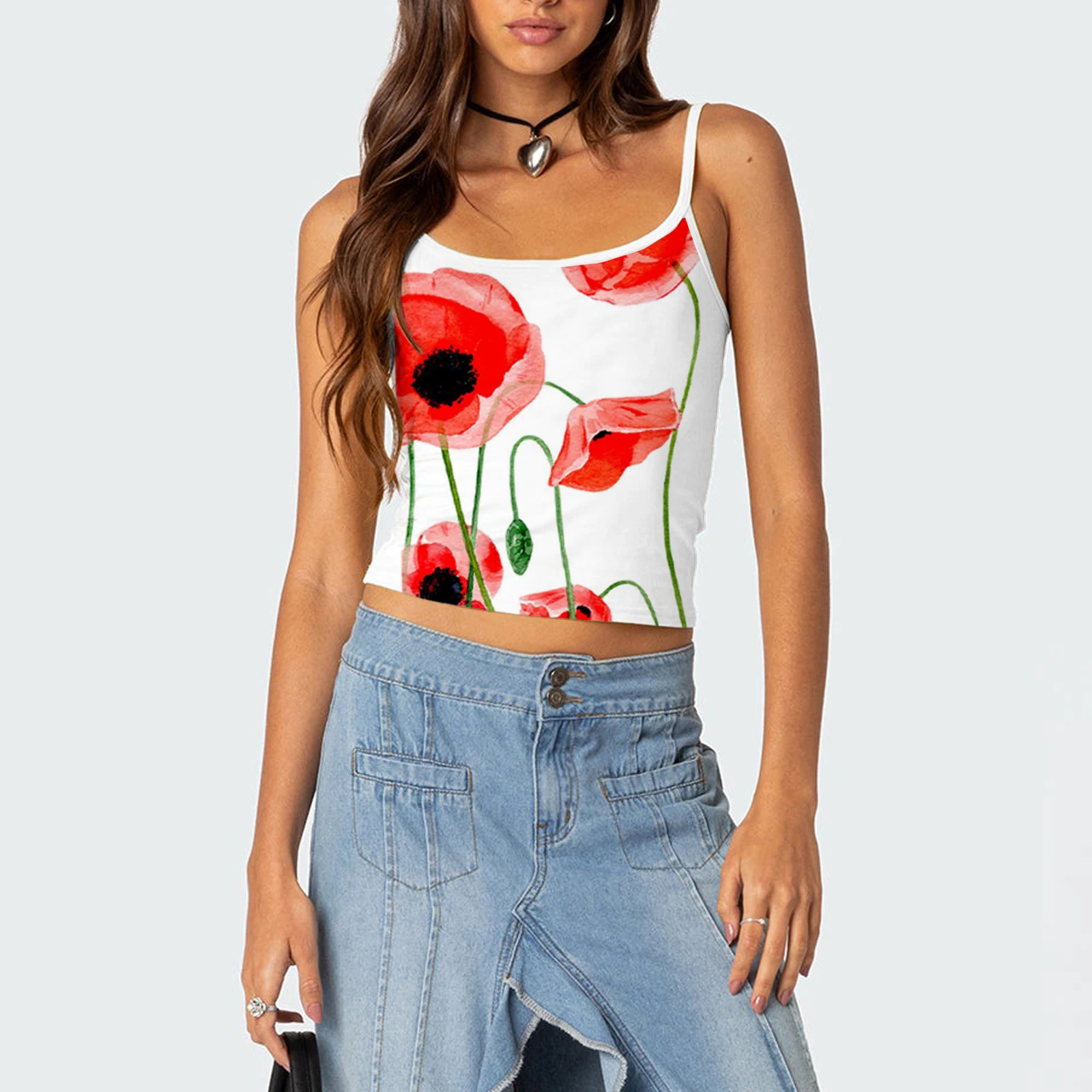 Women Crop Top Camisoles Floral Print Spaghetti Strap Sleeveless Backless Tank Tops Summer Camis Vests Tops Streetwear Y2k