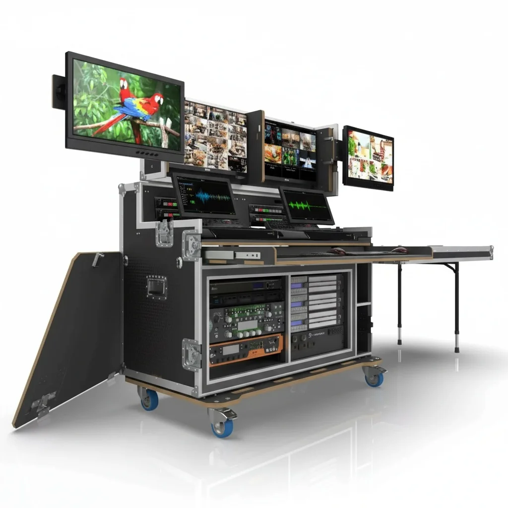 Flight Case, Aluminum Plywood, Live Streaming Workstation for ATEM Seamless Broadcast Video Mixer Switcher, 4-Screen Display