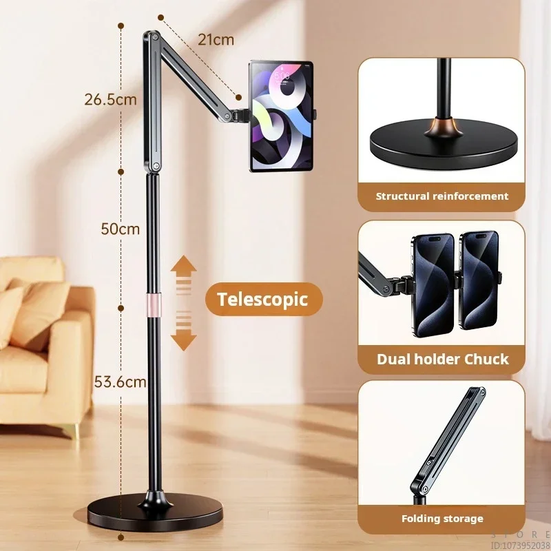 360-Degree Rotatable Floor Stand with Long Arm, Telescopic Aluminum Alloy Holder for 4-12.9 Inch Mobile Phones and Tablets