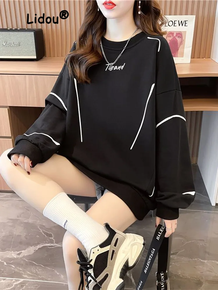 Fashion Color Blocking Printing Letter Sweatshirts Women New Classic Long Sleeve O-collar Casual Korean Loose All-match Top 2022