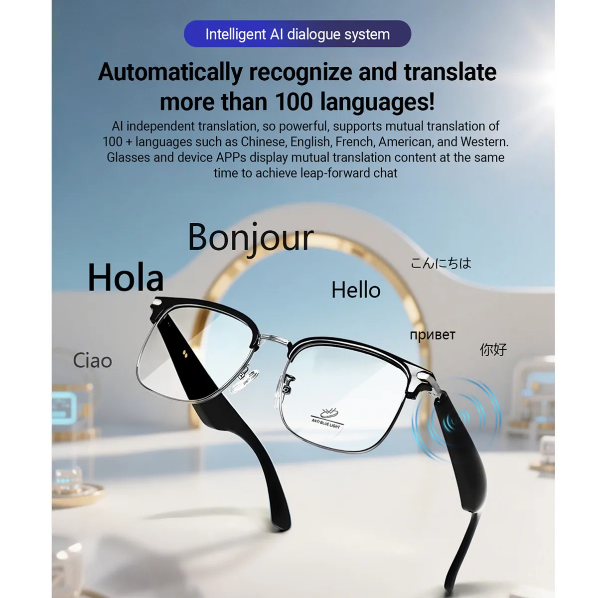 Smart Glasses Translate Language Answer Call Voice Assistant Listen Songs Anti Blue Light 100+Language Translation Smart Glasses