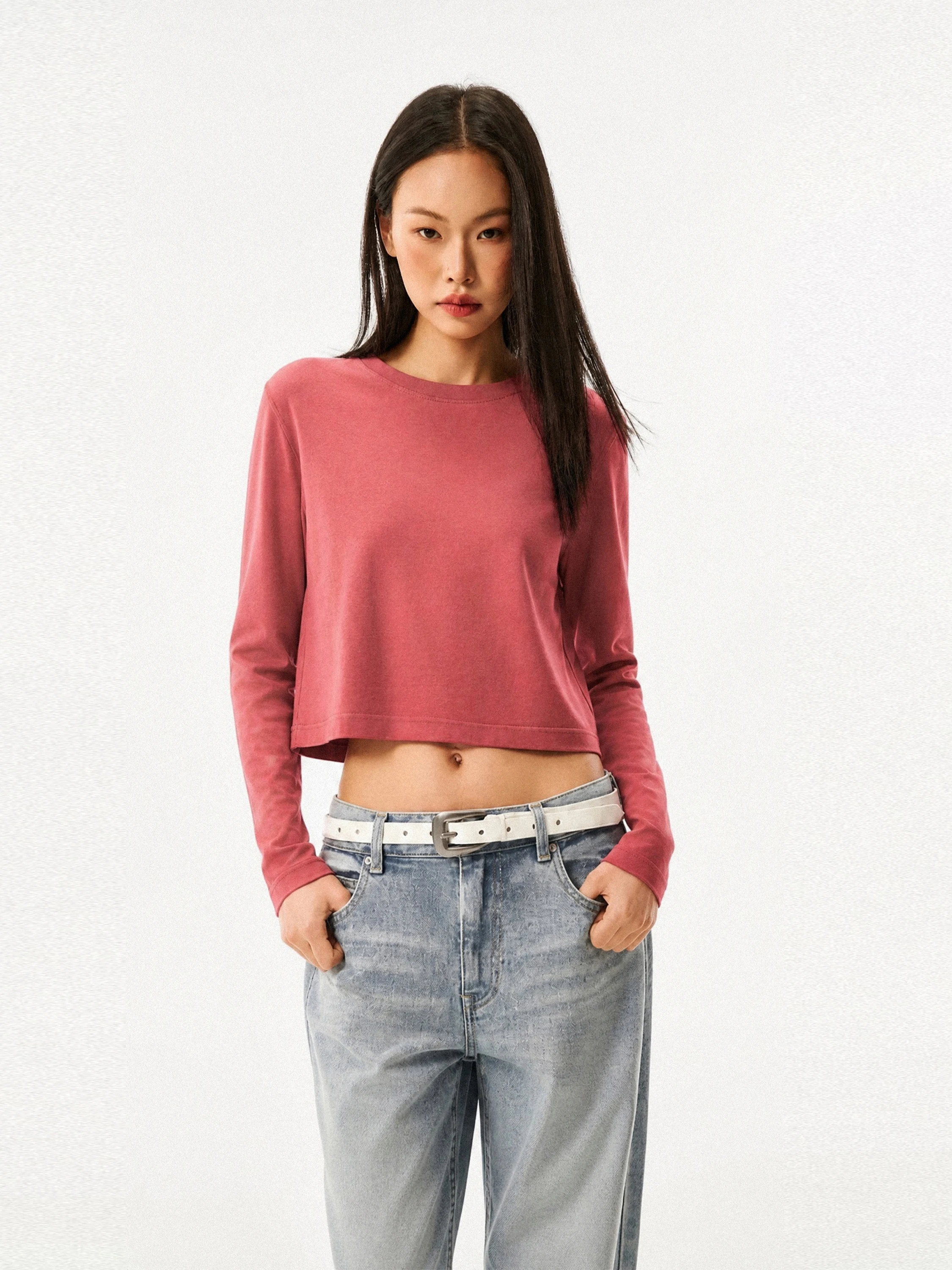 GoGo Burn American Pure Color Short Sleeve Long Sleeve T-Shirt Women's Basic Loose Fit round Neck Top Casual Style Autumn New...