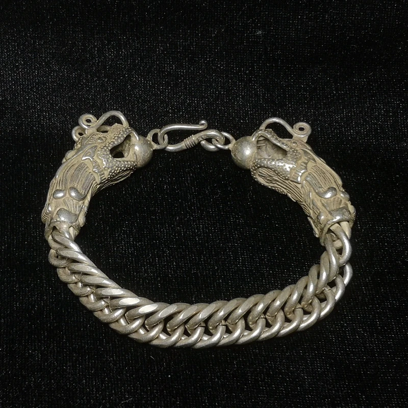 YIZHU CULTUER ART Size 8.8 Inch Old Chinese Tibet Silver Carving Loong Dragon Hand Catenary Bracelet Decoration Gift Collection