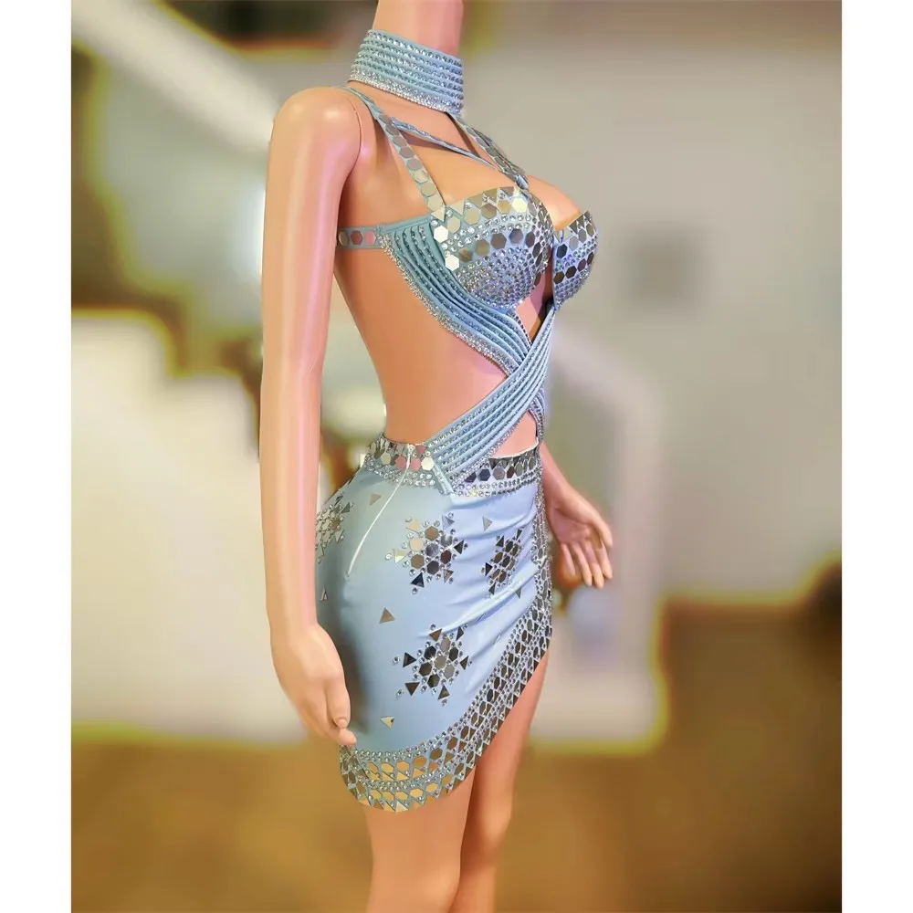 Bar Nightclub Sexy High Slit Short Dress Women Singer Club Party Performance Stage Costume Purple Black Rhinestones Mini Dress