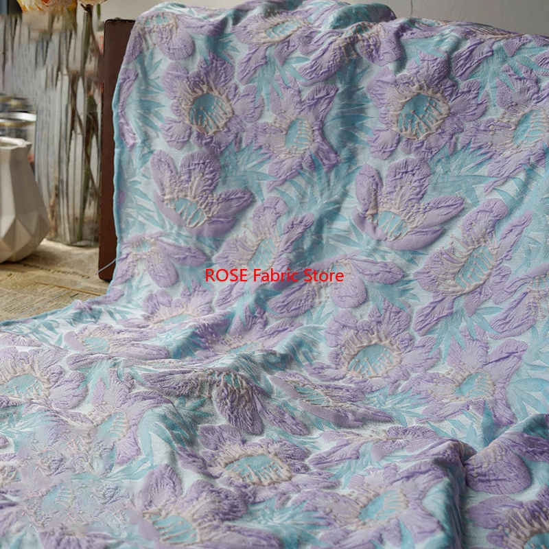ผ้าแจ็คการ์ดลายนูนดอกไม้สีม่วงน้ำเงินขนาดใหญ่ 1 เมตร สำหรับตัดเย็บเสื้อผ้าแฟชั่น ชุดเดรส รองเท้า งาน DIY