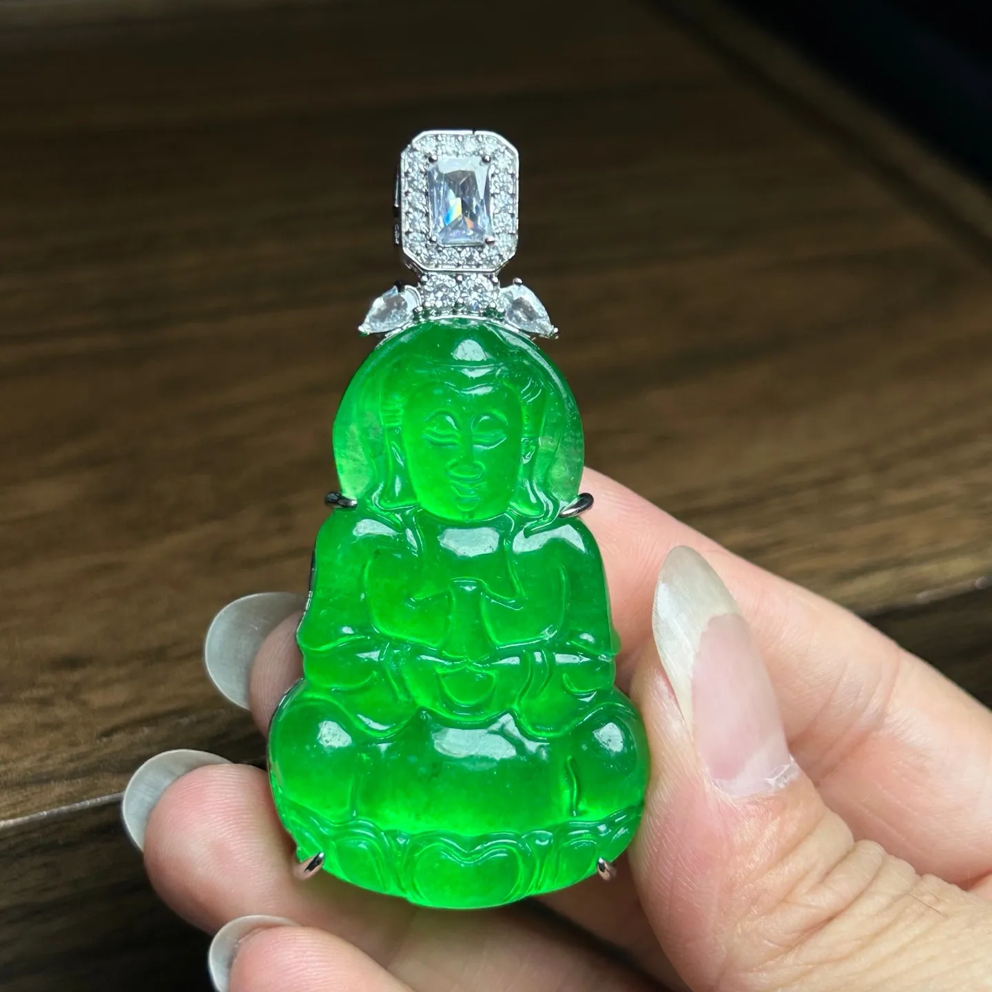 Real Natural High Ice Green Burme Jade Jadeite amulet Kwan-Yin Pendant&Necklace