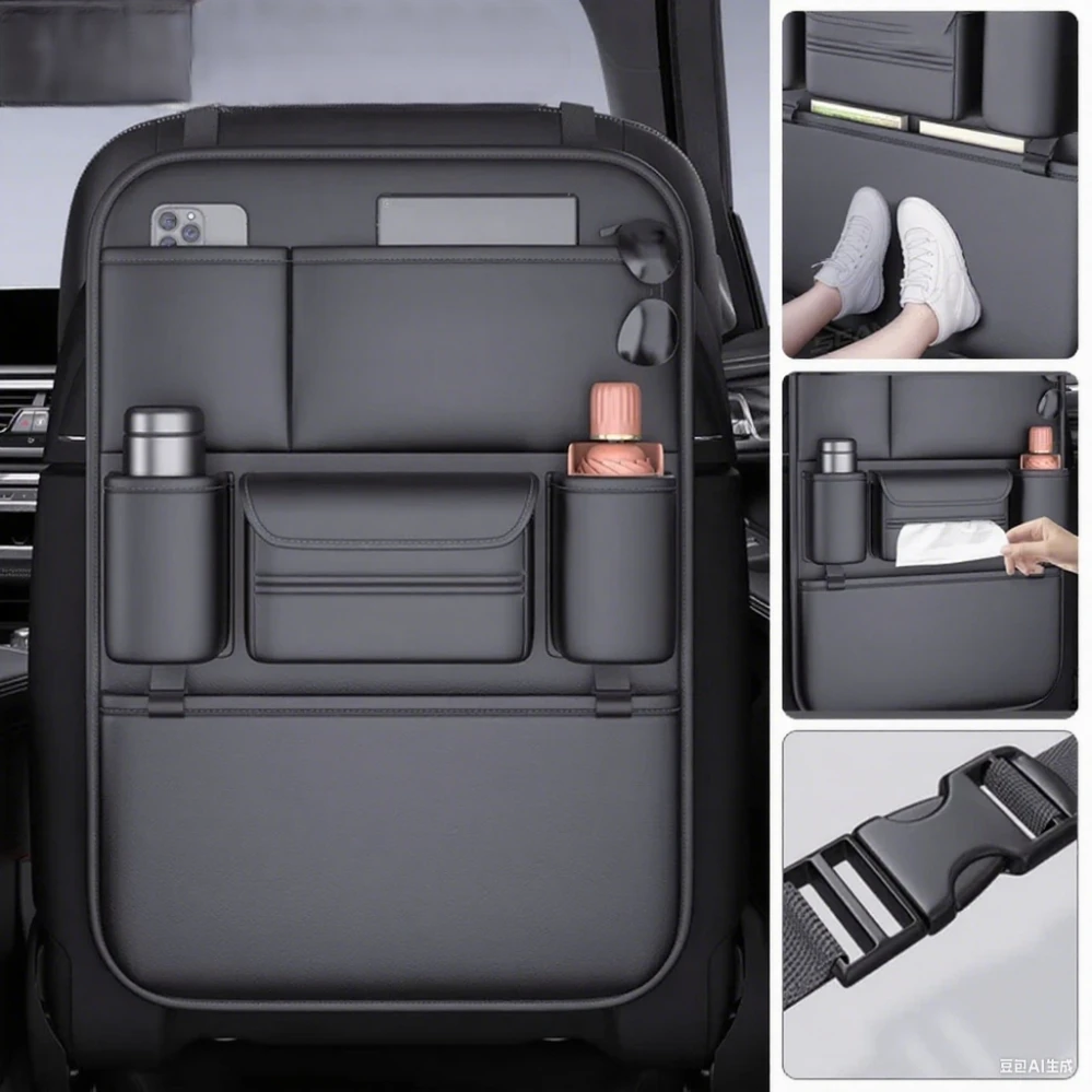 

6-Pocket Car Seat Back Storage Bag Wear-Resistant Car Backseat Organizer Tissue/Cup Holder Waterproof Anti-Kick Pad