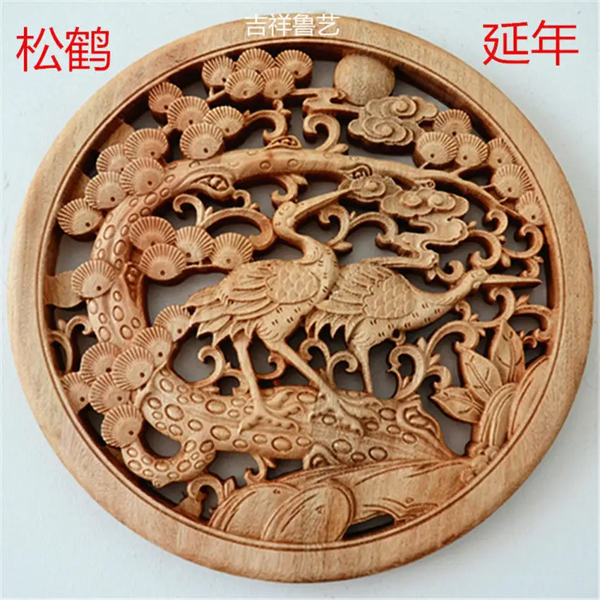 CHINESE HAND CARVED SONG HE YAN NIAN STATUE CAMPHOR WOOD ROUND PLATE WALL SCULPTURE