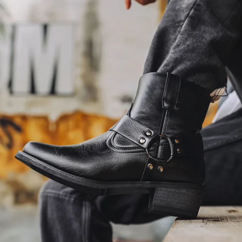 Mens Leather Side Zipper Western Cowboy Boots 2026 Retro Men Short Boots Lightweight Comfort Outdoors Botas Hombre Large Size 48