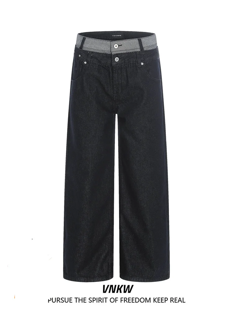 

American Retro Patchwork Wide Leg Jeans Loose Slimming Men Women Casual Straight Cut Commute Long Trousers Youth Faion