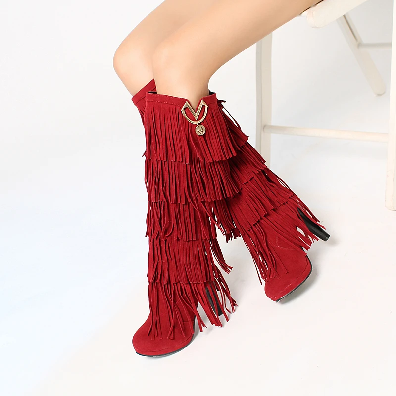 2024 Round Toe Platform Ultra-High Thick Heel Frosted Flock Material Tassel Women\'s Knee-high  Boots Metal Decoration Warm Boots