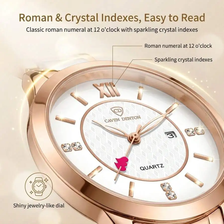 CTPOR 1pc Women's Elegant Rose Gold Stainless Steel Ceramic Bracelet Fashion Glowing Diamond Decor Waterproof Calendar Quartz