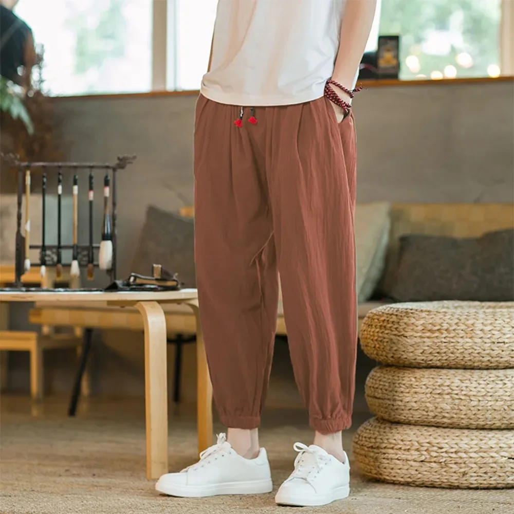 Men\'s Casual Solid Color Harem Pants Cotton and Linen Loose Oversize Beach Pants Jogger Sweatpants Male Wide Leg Trousers