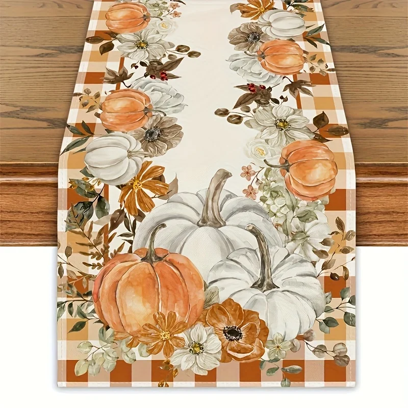 

Fall Cucurbit & Maple Leaf Table Runner Checkered Linen Thanksgiving Tablecover with Pumpkins,Autumn Harvest Home Decor