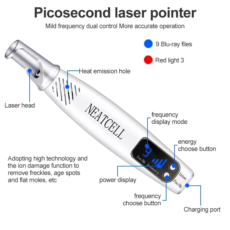 Portable Picosecond Laser Pen Red and Blue Light Therapy Tattoo Scar Mole Freckle Pen Acne Skin Pigment Removal Beauty Instrum