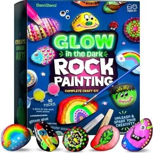 

Glow in The Dark Kids Rock Painting Kit - Easter Gift for Ages 6-12 - Creative Art Craft Activity Set