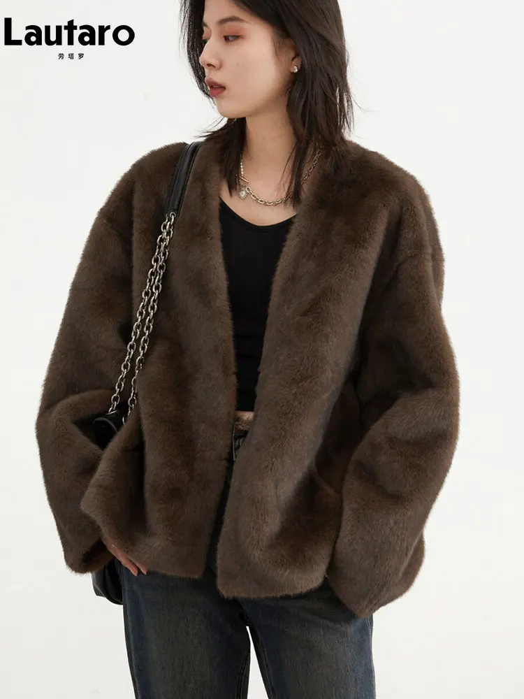 

Lautaro Autumn Winter Brown Thick Warm Soft Faux Mink Fur Coat Women with Deep V Neck Elegant Luxury Chic Fluffy Jacket 2026