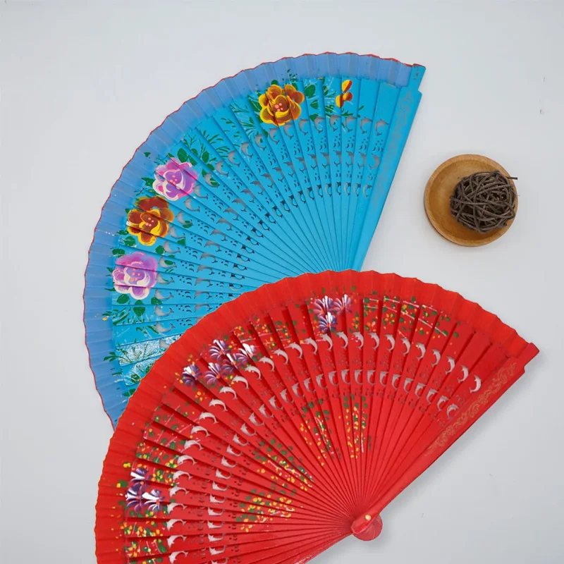 Spanish Painted Wood Folding Fan Classical Dance Performance Folding Fan Hollow Carving Hand Fan Crafts Home Decor Photo Props