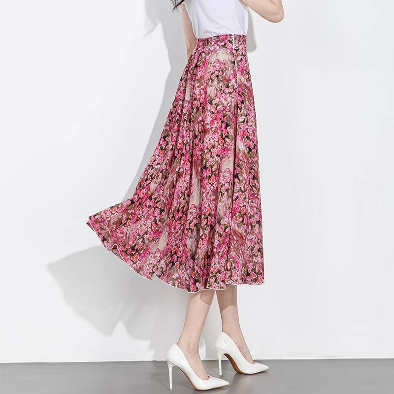 New Women Summer Mid-Calf Floral Skirt Fashion High Waist A-line Print Chiffon Dress Elegant Stretch Waist Beautiful Skirt