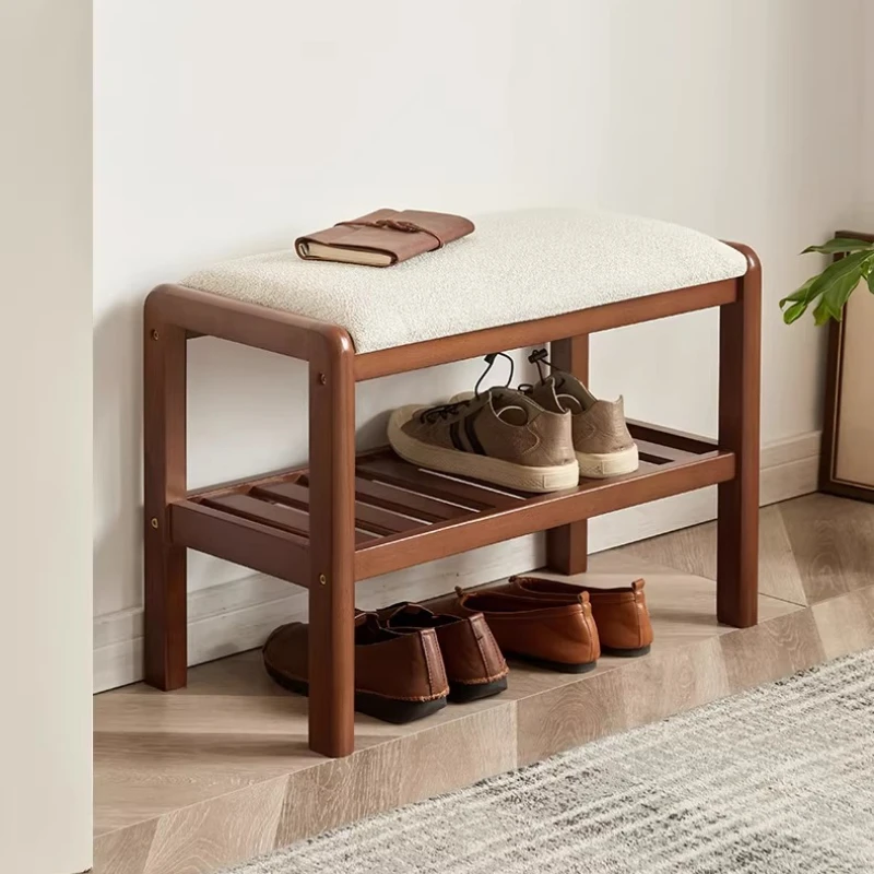 Modern Entryway Bench with Cushion, Two-Tier Shoe Organizer & Ottoman Stool for Hallway, Aesthetic Home Decor