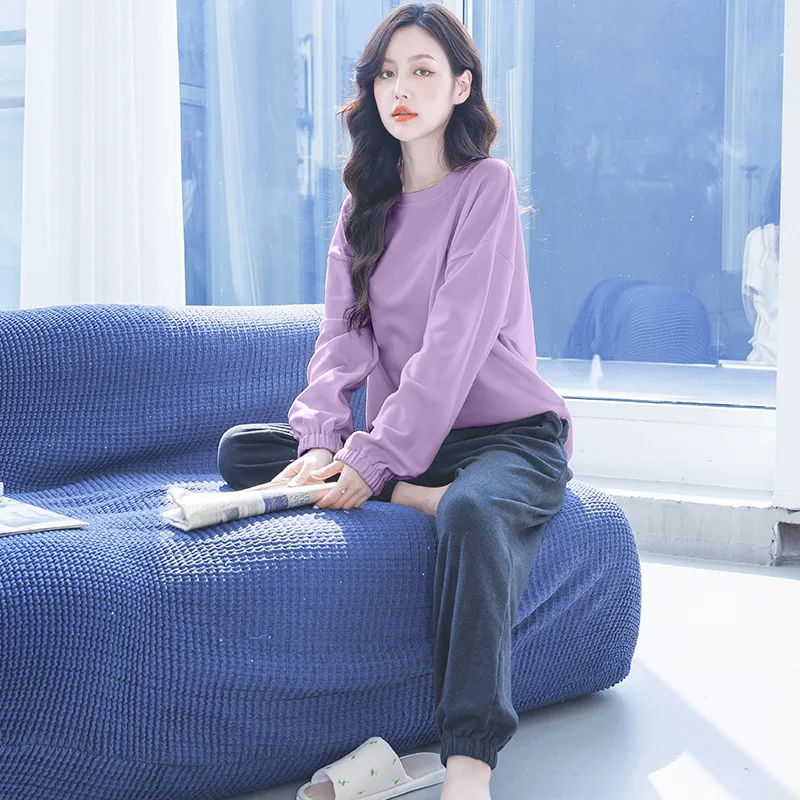 Spring and autumn pajamas, women's German velvet long sleeved Korean version, simple and casual round neck home wear, autumn and