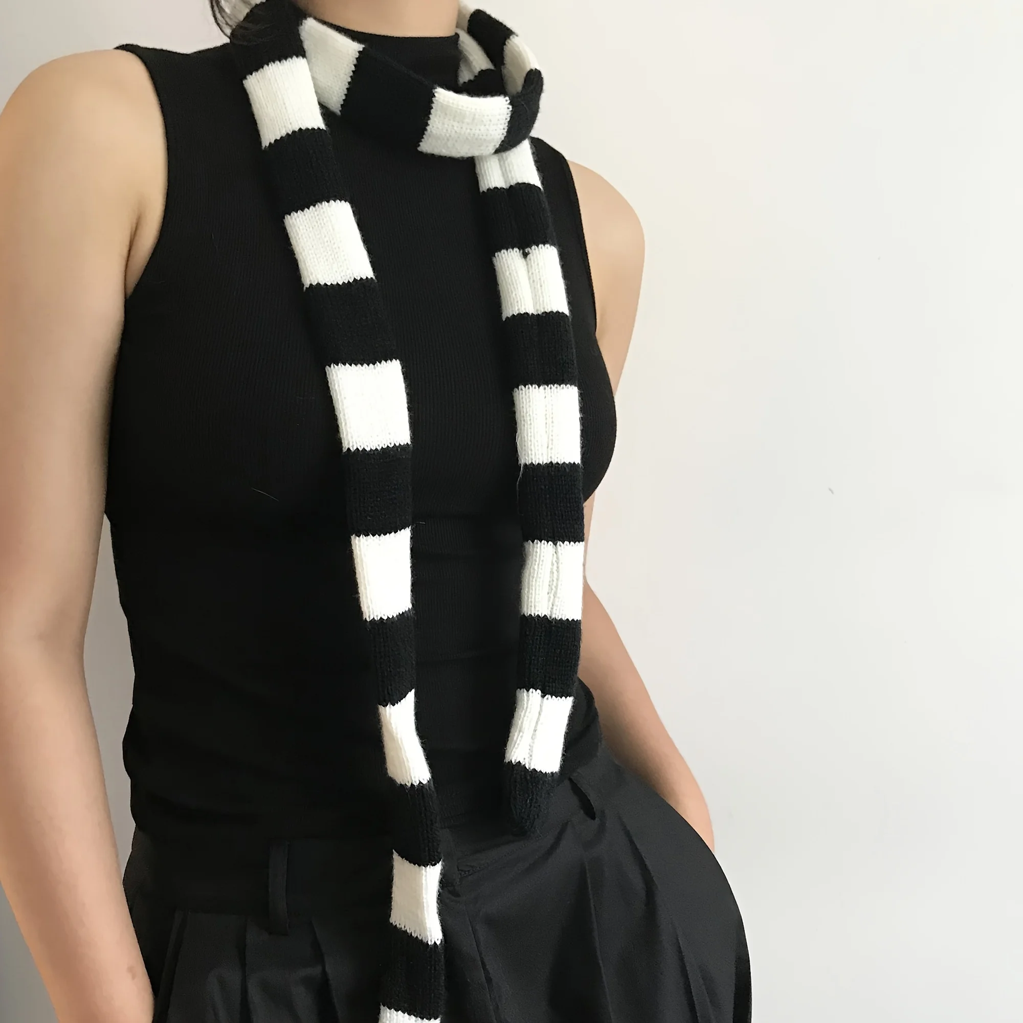 Y2K Punk Harajuku Style Black and White Striped Scarf Street Concave Knitted Slim Narrow Ribbon