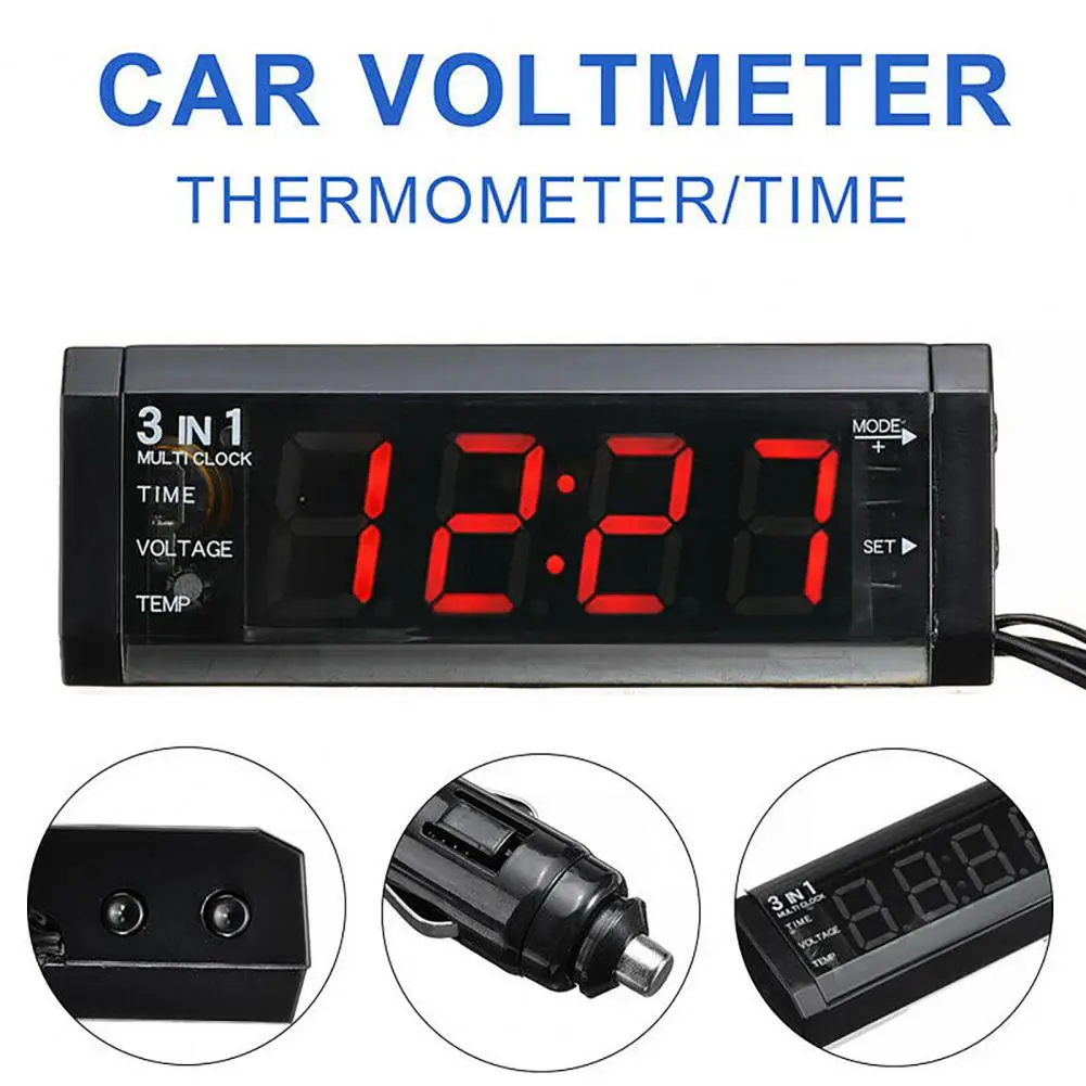 LED Clock 3 In 1 Voltmeter Red/Blue LED Rechargeable  Steady Car Temperature Voltage Clock Meter