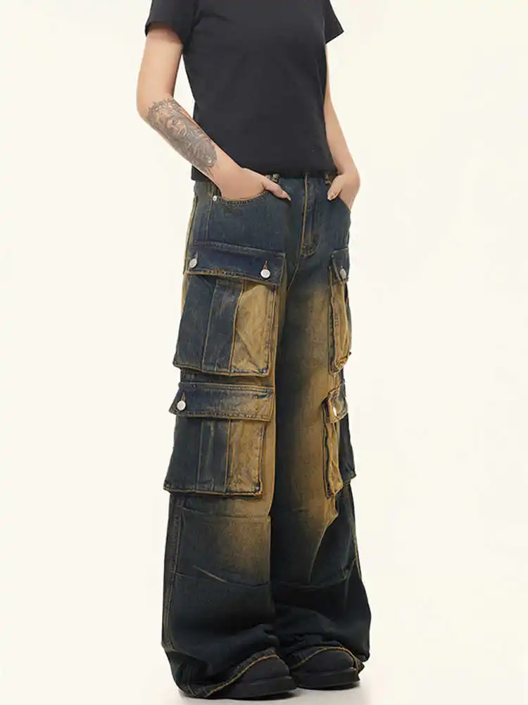 Women's Baggy Cargo Jeans Boyfriend Y2k Japanese Streetwear Men Cyber Punk Denim Pants Wide Fit Grunge Harajuku Cowboy 2000s New