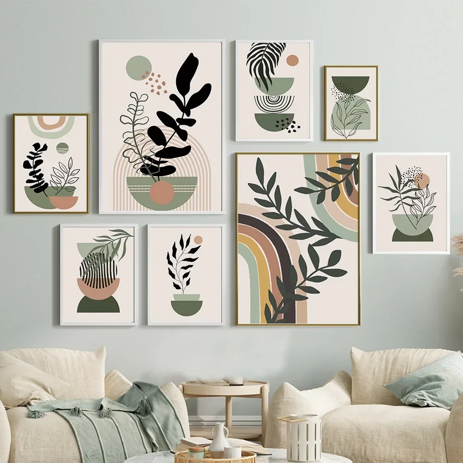 Multi-size 1PC frameless high-definition decorative paintings,Wall Art Canvas Painting Abstract Geometry Sun Leaves Jar Rainbow