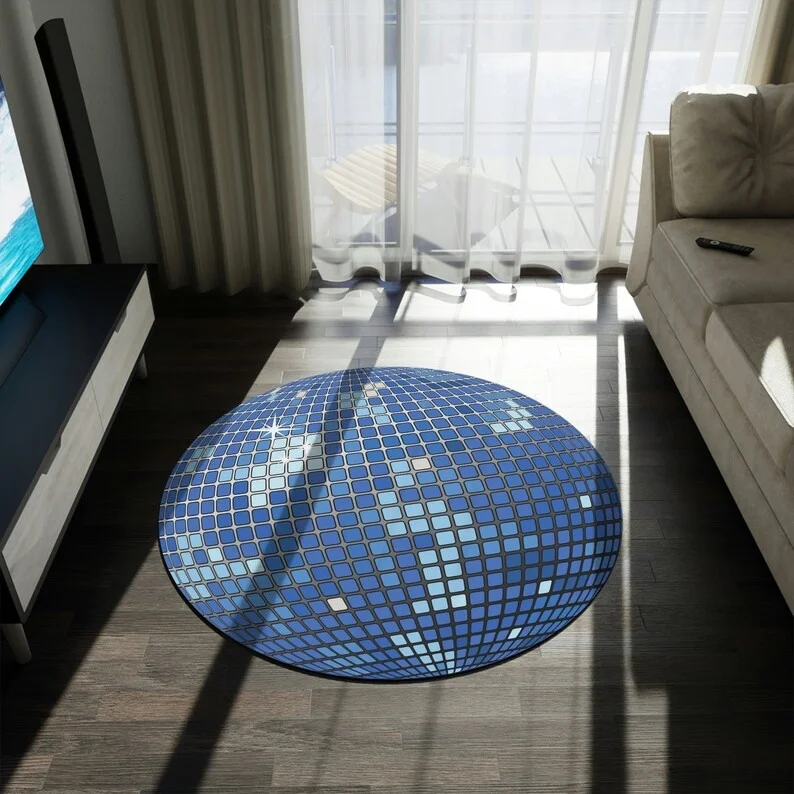 Retro Disco Ball Round Rug – Shiny Mirror Tile Design Fun Floor Mat for Living Room & Bedroom Home Decor