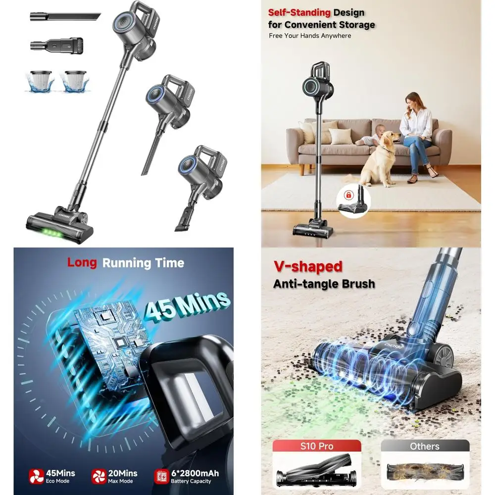 

45-Minute 500W 40kPa Cordless Stick Vacuum Cleaner with Self-Standing, Anti-Tangle, 1.5L Dustbin for Hardwood and Carpet, Gray