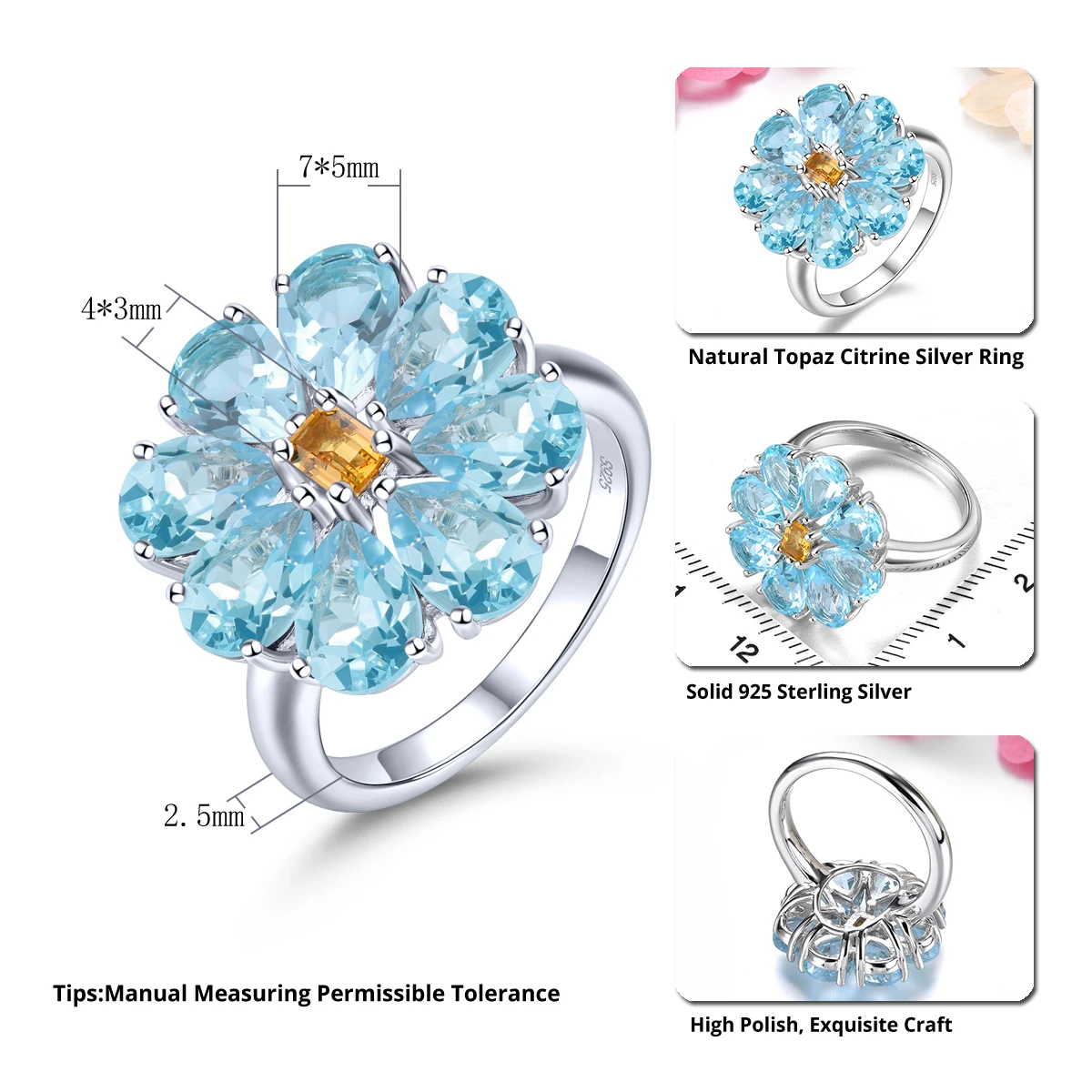 Natural Sky Blue Topaz Citrine Sterling  Silver Rings 6.6 Carats Genuine Gemstone Women Romantic Exquisite Style Fine Jewelrys