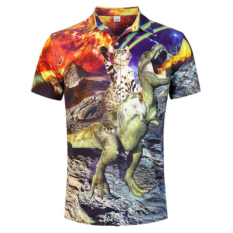 

Funny Cat Dinosaur Pattern Hawalian Shirt Men Clover 3D Printed Aloha Shirts Casual Short Sleeve Tropical Holiday Lapel Blouses