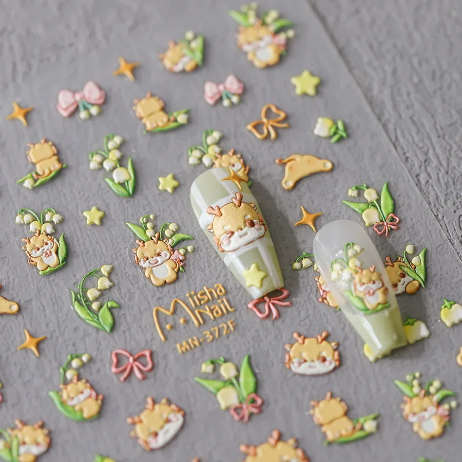 Cute Fresh Cartoon Dragon Green Bellflower Embossed Reliefs Self Adhesive Nail Art Sticker Lily of The Valley 3D Manicure Decals