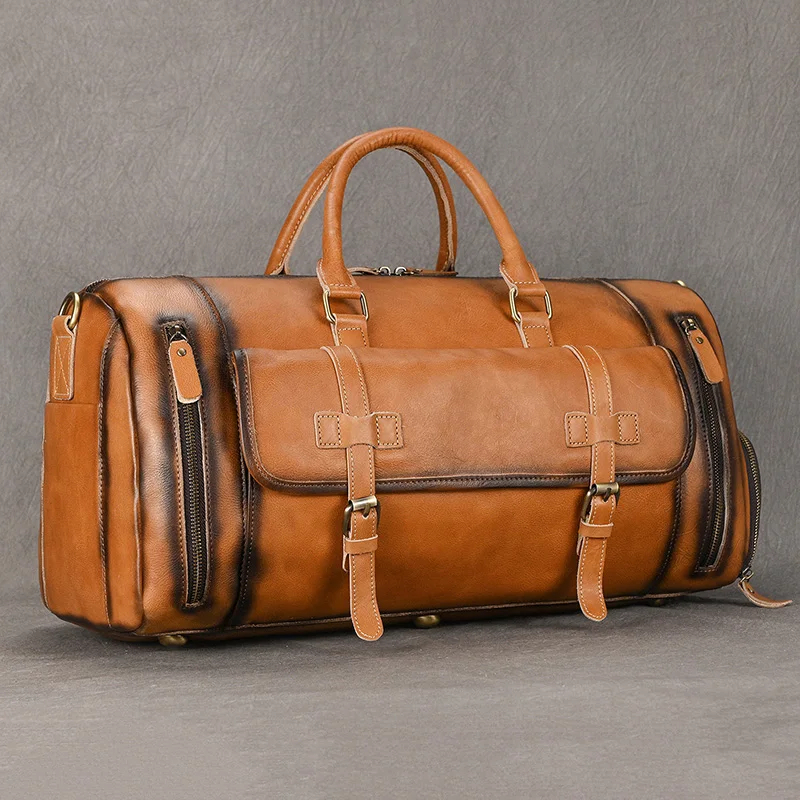 Men's Vintage Travel Bag Genuine Leather Large Duffle Bag Weekend Bag Cowhide Handbag For Men Travelling Bag With Shoe Compart