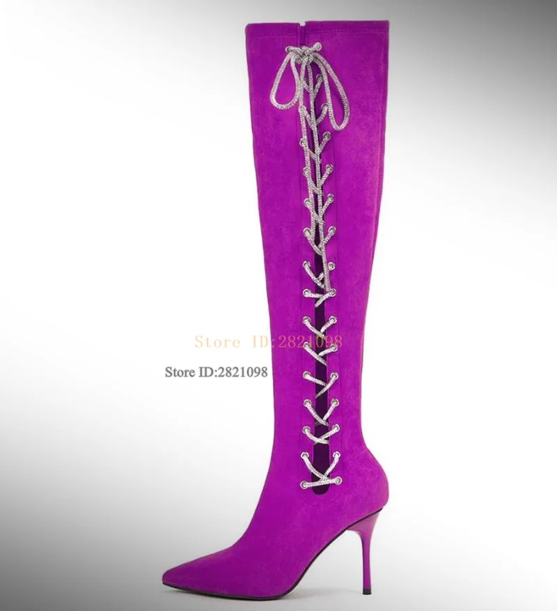 Purple Suede Leather Knee Lace Up Boots Zipper Side Strap Stiletto Heels Women Hollow Out High Heel Pointed Toe Long Boot