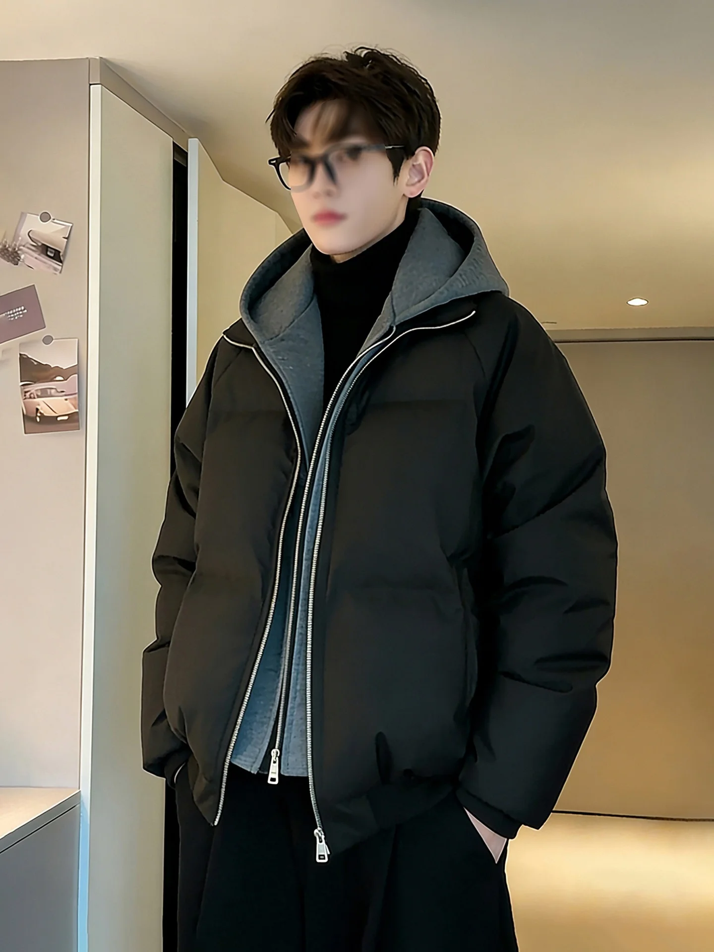 

Cleanfit Men's ort Thiened Winter Jaet PU Leather Hooded American Sle Bread Coat down Cotton Puffer Coat Youth Faion