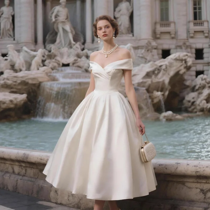 White off-shoulder strapless light wedding dress, forest-style travel photography, high-end luxury engagement evening dress, sli