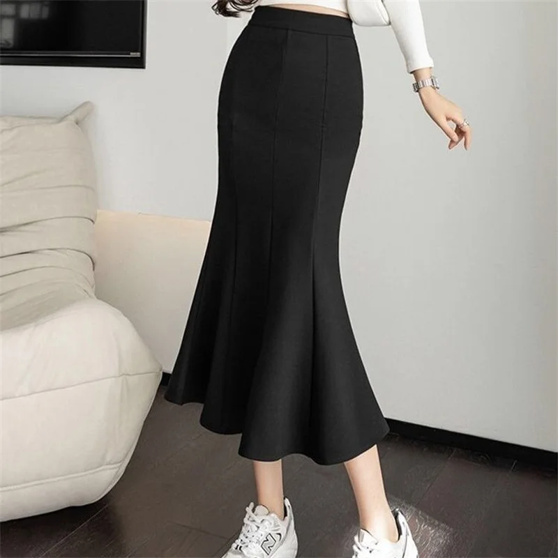 Autumn Elegant Mermaid Skirts for Women Ruffles High Waiste Winter Korean Y2k Chic Elastic Casual Office Skirt Black Streetwear