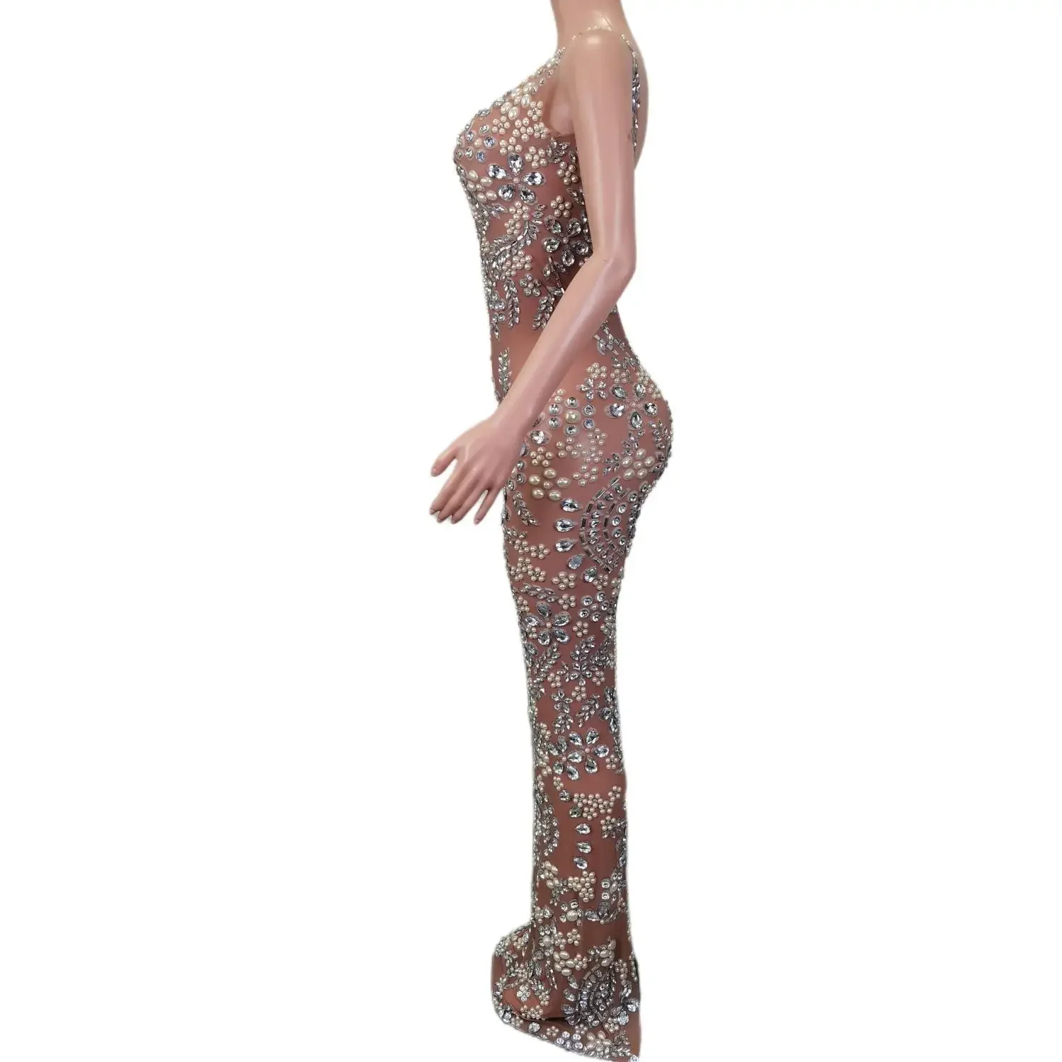 

See throught Rhinestone Wedding Sleeveless Dress Women Crystals Evening Party Birthday Performance Gowns Drag Queen Costume