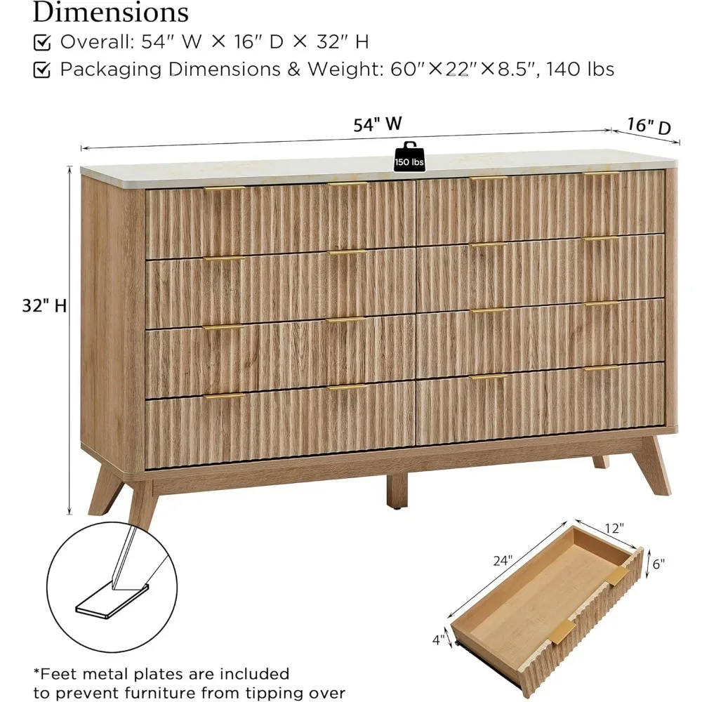 خزانة ملابس رائعة ذات 8 أدراج، 54 خزانة ذات أدراج عصرية واسعة مع سطح من الرخام الصناعي، تصميم منحني، ستان تلفزيون لخزانة الملابس #2