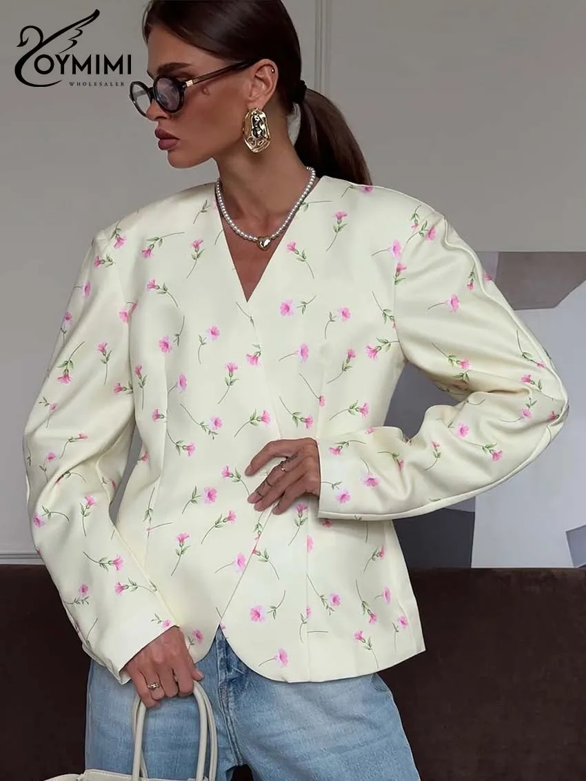 Oymimi Casual Yellow Print Woman Blouses Fashion Long Sleeve Single Button Blouses Elegant V-Neck Pleated Blouse Female Clothing